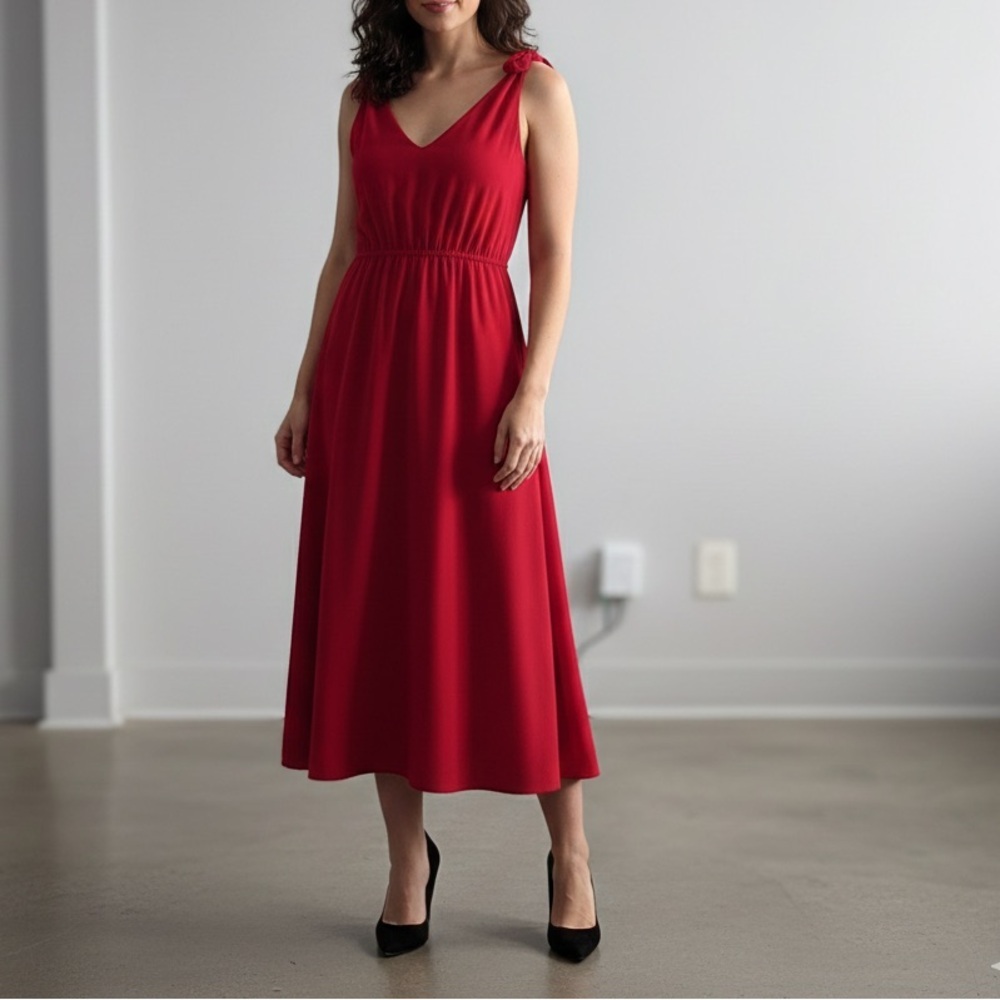 Betsey Johnson Crepe Midi Dress Red Shoulder Ties Valentines Day Size 4